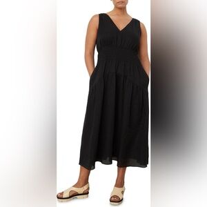 Vince Smocked Tiered Midi Dress Size 2X Black Sleeveless Crinkle Gauze Crepe NWT